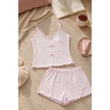 Koza İç Giyim Kadın Ince Askılı Fiyonklu Pamuklu Şortlu Pijama Takımı - Pembe - Ekru - XL