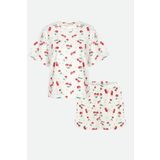 koza iç giyim Kadın Kiraz Desenli Kısa Kollu Şortlu Pijama Takımı