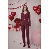 Koza İç Giyim Kadın Pamuklu Çıtır Çiçek Desenli Baby Overloklu Fiyonklu Uzun Kollu Pijama Takımı - Bordo - Pembe - XL