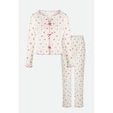 Koza İç Giyim Kadın Pamuklu Çıtır Çiçek Desenli Baby Overloklu Fiyonklu Uzun Kollu Pijama Takımı - XL - Ekru - Beyaz