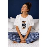 koza iç giyim Kadın Pamuklu Ekru Kısa Kollu Baskılı Ekose Desenli Pijama Takımı