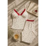 Koza İç Giyim Kadın Pamuklu Kaplı Askılı Dantelli Pijama Takımı - Kırmızı - Ekru
