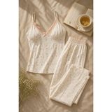 Koza İç Giyim Kadın Pamuklu Kaplı Askılı Dantelli Pijama Takımı - Pembe - Ekru