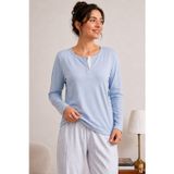 koza iç giyim Kadın Pamuklu Mavi Uzun Kollu Düğmeli Yaka Çizgili Alt Pijama Takımı
