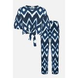 Koza İç Giyim Kadın Pamuklu Önden Bağlamalı Desenli Crop T-shirt Pijama Takımı - Mavi - Beyaz