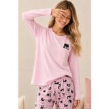 koza iç giyim Kadın Pamuklu Uzun Kollu Ön Baskı ve Cep Detaylı Desenli Pijama Takımı