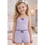 Koza İç Giyim Kız Çocuk Pamuklu Fiyonklu Askılı Şortlu Pijama Takımı - Lila - 7 - 8 Yaş