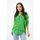 Koza Kadın Nakış Işlemeli Oversize Gömlek 1735-24 - XL - Benetton Yeşil