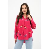 Koza Kadın Nakış Işlemeli Oversize Gömlek 1735-24 - XL - Beyaz - Fuşya