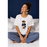 Koza Kadın Pamuklu Ekru Kısa Kollu Baskılı Ekose Desenli Pijama Takımı - Mavi - Beyaz