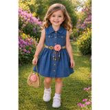 KOZADANKIDS 1 YAŞ KIZ ÇOCUK KOT ELBİSE HASIR KEMERLİ ÇİÇEK DETAYLI YAZLIK ELBİSE ÇANTA HEDİYELİ