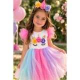 KOZADANKIDS Unicorn Doğum Günü Elbisesi + Taç Hediyeli Kabarık Tül Prenses parti Elbise