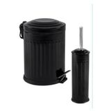 KOZART Mat Siyah Vintage 2 li Çöp Kovası Çöp Kutusu Banyo Seti Çizgili Model 5 Litre Ve Wc Fırçası Seti