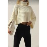 Kozia Outdoors Kadın Degaje Balıkçı Yaka Crop Triko Kazak Ekru