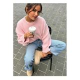 KOZİA OUTDOORS Rahat Kalıp Bisiklet Yaka Kadın Triko Kazak Pembe Oversize Basic Model