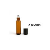 Kozpak 10 ml Amber Cam Roll-On Şişe Çelik Bilyeli Siyah Kapaklı Parfüm Esans Yağ Şişesi - 10 Adet