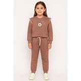 Kr Kids Butik Kız Çocuk 3 Iplik Şardonlu Eşofman Takımı – Fırfır Detaylı, Çiçek Nakışlı Sweat & Alt Takım – Kahverengi – 8 Yaş - Kahverengi - Taba - 3 Yaş