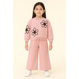 Kr Kids Butik Kız Çocuk Alt Üst Takım Pudra Pembe Çiçek Desenli 3 Iplik Pamuklu Kız Çocuk Eşofman Takımı – Rahat Kalıp, Mevsimlik - 3 - 4 Yaş