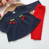 Kr Kids Butik Kız Çocuk Kiraz Detaylı Puantiyeli Takım – Uzun Kollu Elbise & Kırmızı Tayt - 9 - 12 Ay - Lacivert - Kırmızı