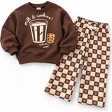 KR Kids Çocuk Kahverengi Milk & Cookies Baskılı Sweatshirt ve Ekose Desenli Pantolon 2’li Takım - 2 - 3 Yaş