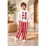 KR Kids Erkek Çocuk Domates Baskılı Beyaz Sweatshirt Kırmızı Beyaz Çizgili Bol Paça Pantolon 2'li Takım - 9 – 10 Yaş - Kırmızı - Beyaz