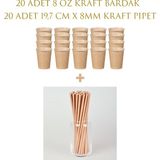 Kraft Kağıt 8 Oz Bardak ve 19,7 cm*8 mm Pipet Seti 20 Adet