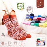 Kral Socks 3 Çift Kadın %100 Yün Kalın Kışlık Desenli Çorap - Çok Renkli - 40 - 44