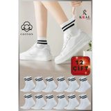 Kral Socks Erkek Kadın 12 Çift Çizgili Kolej Tenis Çorabı Pamuklu Terletmez Çorap Beyaz