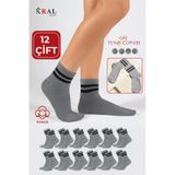 Kral Socks Erkek Kadın 12 Çift Çizgili Kolej Tenis Çorabı Pamuklu Terletmez Çorap Gri