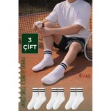 Kral Socks Erkek Kadın 3 Çift Çizgili Kolej Tenis Çorabı Pamuklu Terletmez Çorap Beyaz