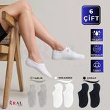 Kral Socks Erkek - Kadın Düz Desen (6 Çift) Snikers Pamuklu Terletmez Çorap - 36 - 40 - Beyaz - Gri - Siyah