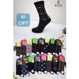 KRAL SOCKS KADIN Çok Renkli Soket Çorap (10 ÇİFT) Likralı Pamuklu Penye Uzun Çorap