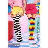 Kral Socks Kadın Dizüstü Çorap (2 Çift) Günlük Düz Çizgili Pamuklu Diz Üstü Siyah Çorap Yeni Trend - 36 - 40 - Çok Renkli