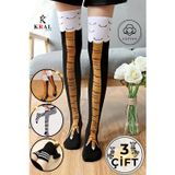 Kral Socks Kadın Dizüstü Çorap (3 Çift) Diz Üstü Zebra - Siyah - Tavuk Bacağı Çorap