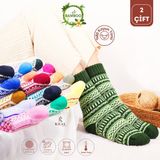 Kral Socks Özel Üretim (2 Çift) Kalın %100 Yün Kışlık Çizgili - Motif Desenli Çorap - 36 - 40 - Asorti