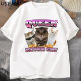 Kraliçe Asla Ağlama Komik Kedi Meme T Shirt Erkek Kadın Aptal Kediler T-Shirt Komik Atasözü T 2857 - Beyaz