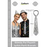#Kravat Göz Alıcı Sahne Kostüm Aksesuarı Hazır Gümüş Renk Pul Payetli Işıltılı Parti Kravatı 33 cm