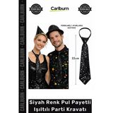 #Kravat Göz Alıcı Sahne Kostüm Aksesuarı Hazır Siyah Renk Pul Payetli Işıltılı Parti Kravatı 33 cm