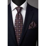 Kravatkolik Kahve Sarı Motif Desen Mendilli Klasik Kravat KK13758