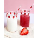 Kreapa çilek bardakları Pipetli sevimli çilek bardakları Sevimli cam çilek bardakları 300ML saman cam bardaklar, Su sütlü çay için sevimli çilek desenli cam şişeler, kahve suyu çay bardakları (2 adet)
