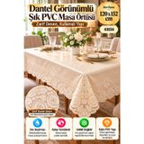 Krem 120X152 Cm Dantel Görünümlü Pvc Masa Örtüsü Sıvı Geçirmez Silinebilir Mutfak Masa Örtüsü Lüks