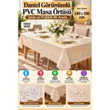 Krem 140X180 Cm Dantel Görünümlü Pvc Masa Örtüsü Sıvı Geçirmez Silinebilir Mutfak Masa Örtüsü Lüks