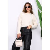 Krem Bisiklet Yaka Angora Yumoş Crop Triko Kazak - Standart