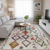 Krem Çok Renkli Boho Motifli Dijital Baskılı Halı – Kaymaz Tabanlı, Geometrik Modern Desenli Salon