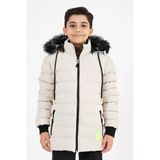 Krem Erkek Çocuk Çıkartılabilir Kapüşonlu Şişme Deri Karışımlı Kumaş Mont&Kaban