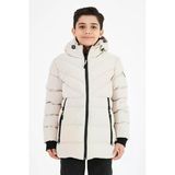 Krem Erkek Çocuk Sabit Kapüşonlu Şişme Deri Karışımlı Kumaş Mont&Kaban