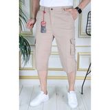 Krem Erkek Slim Fit Kapri Likralı Gabardin/kanvas Kargo Cepli Bermuda - 32
