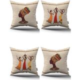 Krem Etnik Afrika Figürlü Fil Desenli Dijital Baskılı Kırlent Yastık Kılıfı Seti 4KMBS308 - 43 x 43 cm