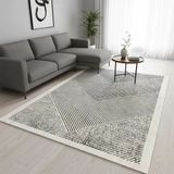 Krem Gri Modern Çizgili Dijital Baskılı Halı – Kaymaz Tabanlı, Minimal Geometrik Desenli Şık Salon