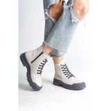 Krem (Gri Taban) Bağcıklı Fermuarlı Kadın Sneaker Bot
